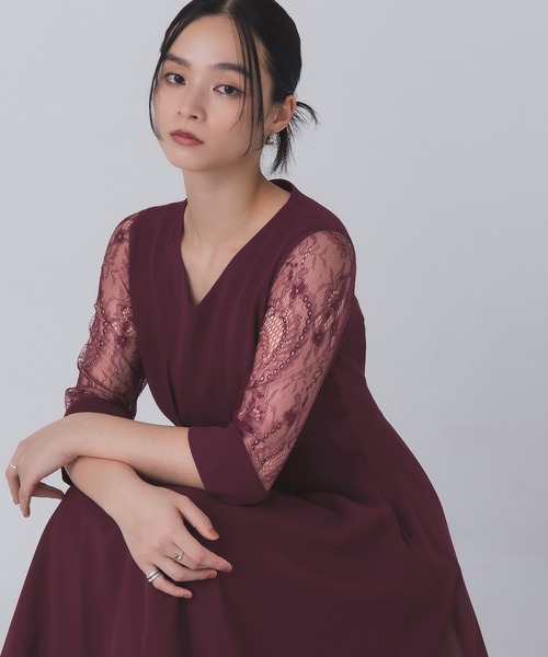 Rose of Sharon ドレス シアー袖Vネックフレアドレス : ZOZOTOWN Yahoo