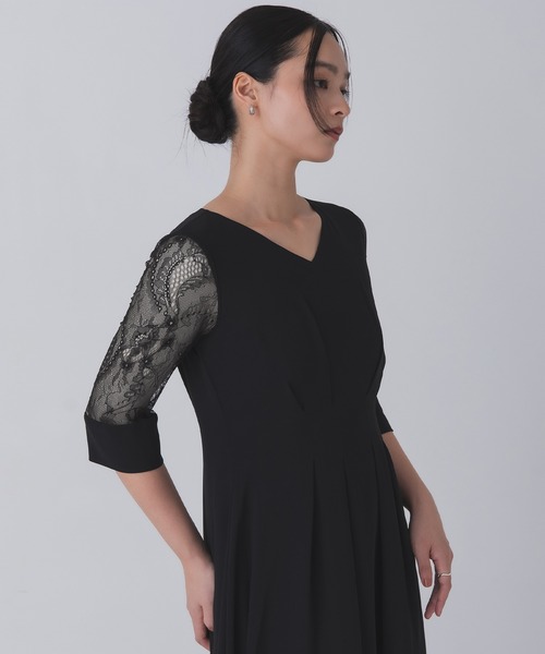 DEA ネイビー フレアドレス S Rose of Sharon ドレス シアー袖Vネックフレアドレス : ZOZOTOWN Yahoo