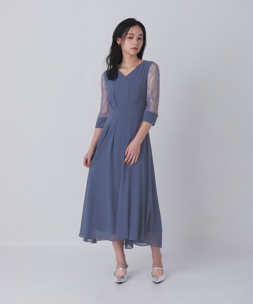 DEA ネイビー フレアドレス S Rose of Sharon ドレス シアー袖Vネックフレアドレス : ZOZOTOWN Yahoo