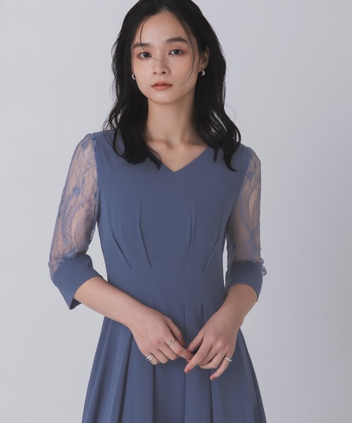 DEA ネイビー フレアドレス S Rose of Sharon ドレス シアー袖Vネックフレアドレス : ZOZOTOWN Yahoo