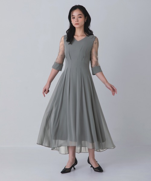ダークグレー Vネック ロングドレス　チュール　ウェディングドレス　シアー Rose of Sharon ドレス シアー袖Vネックフレアドレス : ZOZOTOWN Yahoo