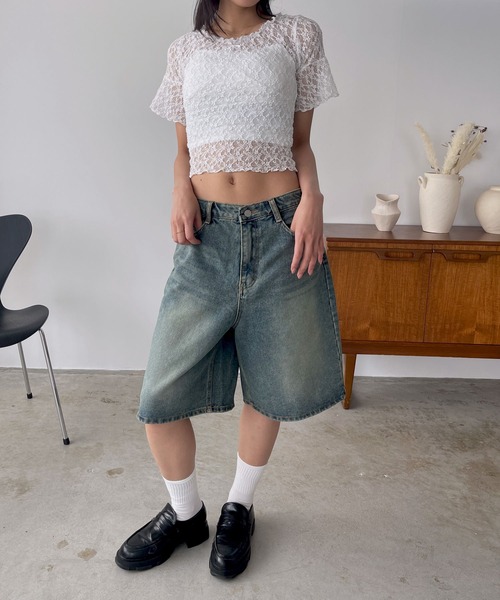 「FOLLOWIN」 デニムハーフパンツ LARGE ブルー レディース_画像3