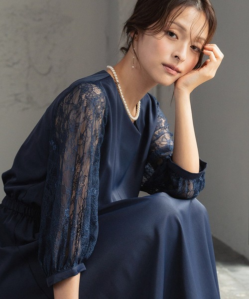 テープフラワー刺繍ドレス、リバーレースミモレ丈ドレス GIRL DRESS FOR NOW ドレス フラワーレーススリーブ ミモレ丈 結婚式