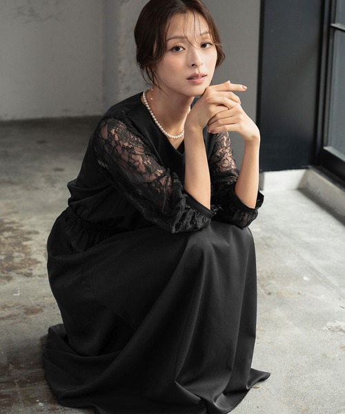 GIRL DRESS FOR NOW ドレス フラワーレーススリーブ ミモレ丈 結婚式