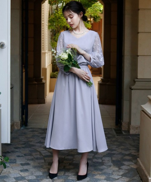 GIRL DRESS FOR NOW ドレス フラワーレーススリーブ ミモレ丈 結婚式