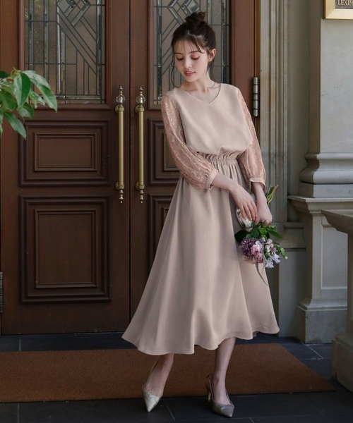 テープフラワー刺繍ドレス、リバーレースミモレ丈ドレス GIRL DRESS FOR NOW ドレス フラワーレーススリーブ ミモレ丈 結婚式