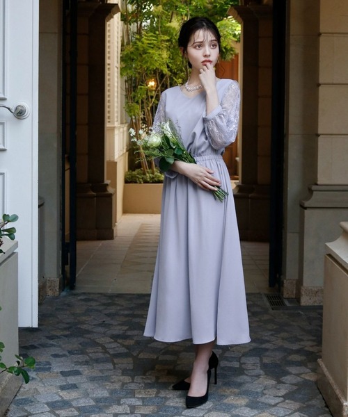 GIRL DRESS FOR NOW ドレス フラワーレーススリーブ ミモレ丈 結婚式