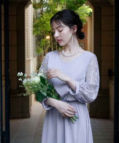 GIRL DRESS FOR NOW ドレス フラワーレーススリーブ ミモレ丈 結婚式