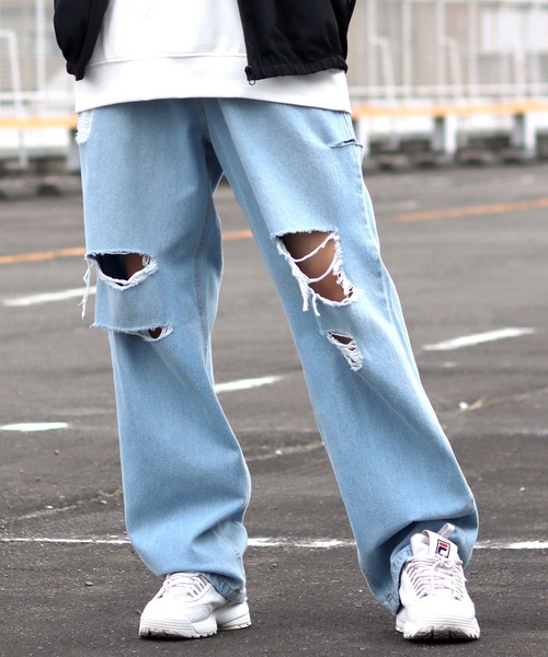 クラッシュ ワイドパンツ デニム ストリート men's ジーンズ クラッシュ ダメージ デニムパンツ メンズ レディース