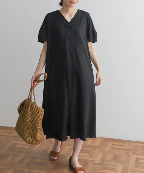 URBAN RESEARCH DOORS ワンピース リネンレーヨンVネックミディ