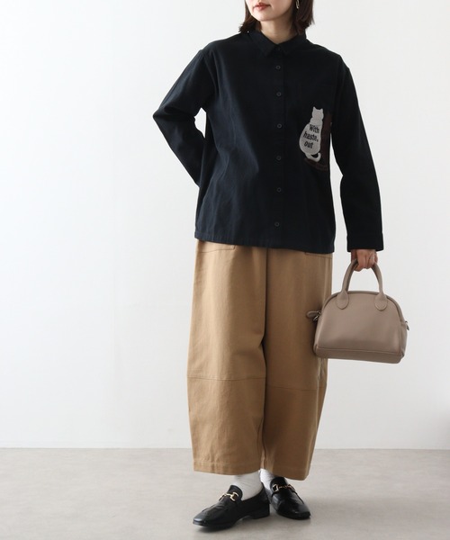 Emago ブラウス シャツ EMAGO 猫ロゴ刺繍シャツ レディース