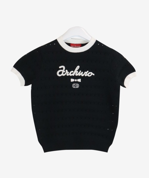 archivio 半袖ニット パフスリーブ パンチング ブラック archivio（アルチビオ） tシャツ 半袖 「LADIES」パフスリーブ半袖