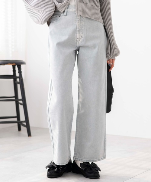 MEDM ストレート ジーンズ デニムパンツ 無地 ウォッシュド 新作 セール】ウォッシュド加工ハイウエストストレートデニムパンツ