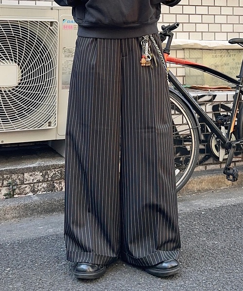 MandO ストライプワイドパンツ 黒 MandO（nemne store） スラックス 「MandO」ストライプ＆無地