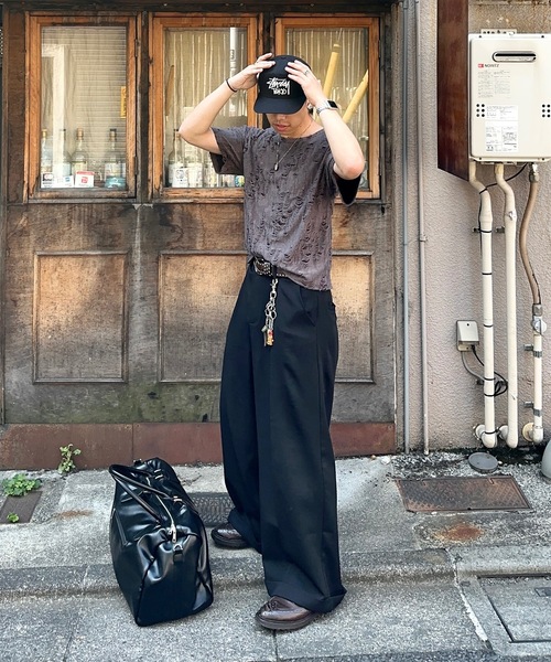 MandO ストライプワイドパンツ 黒 MandO（nemne store） スラックス 「MandO」ストライプ＆無地
