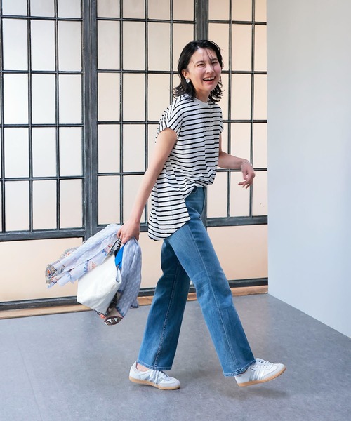 Jines（ジネス） tシャツ 接触冷感フレンチスリーブボーダーカットソー
