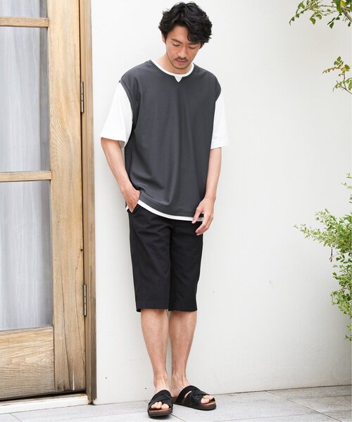 ikka パンツ 「親子コーデ」6.5分丈ドビーイージーハーフパンツ