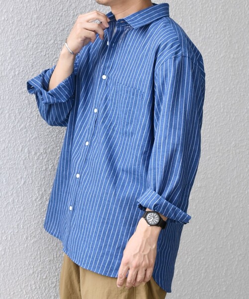 日本製【美品】ARTISANアルチザン/コットンリネンストライプシャツ定価4万程 SHIPS any シャツ any: コットン/リネン ストライプ 7分袖 レギュラー