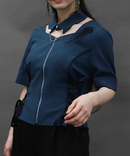 axes femme POETIQUE ブラウス シャツ クラゲ刺繍チョーカー襟ブラウス