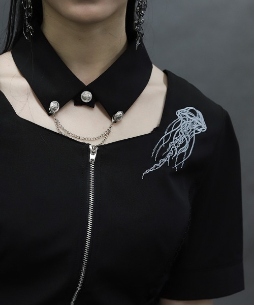 axes femme POETIQUE ブラウス シャツ クラゲ刺繍チョーカー襟ブラウス