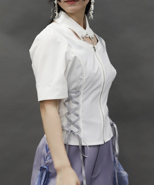 axes femme POETIQUE ブラウス シャツ クラゲ刺繍チョーカー襟ブラウス