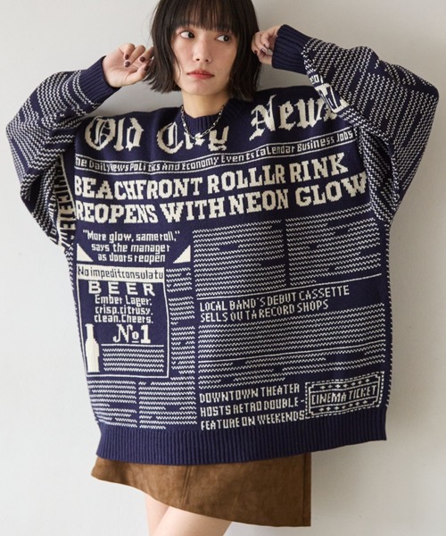 ニュースペーパー柄ニットプルオーバー0 PBLIM ニット セーター 「UNISEX」ニュースペーパーニット レディース