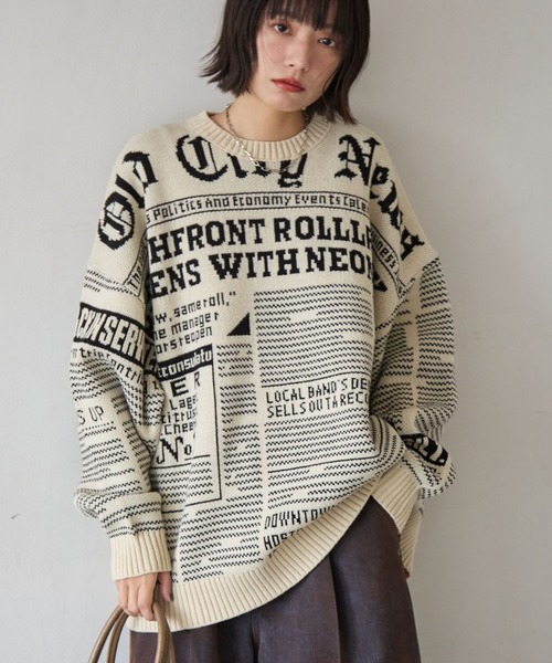ニュースペーパー柄ニットプルオーバー0 PBLIM ニット セーター 「UNISEX」ニュースペーパーニット レディース