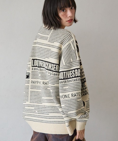 ニュースペーパー柄ニットプルオーバー0 PBLIM ニット セーター 「UNISEX」ニュースペーパーニット レディース
