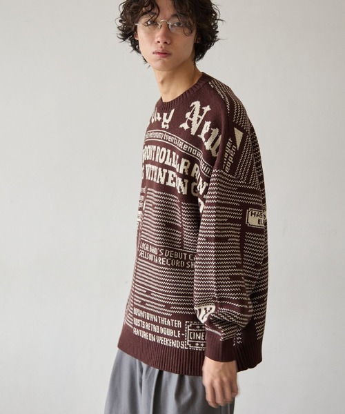 ニュースペーパー柄ニットプルオーバー0 PBLIM ニット セーター 「UNISEX」ニュースペーパーニット レディース