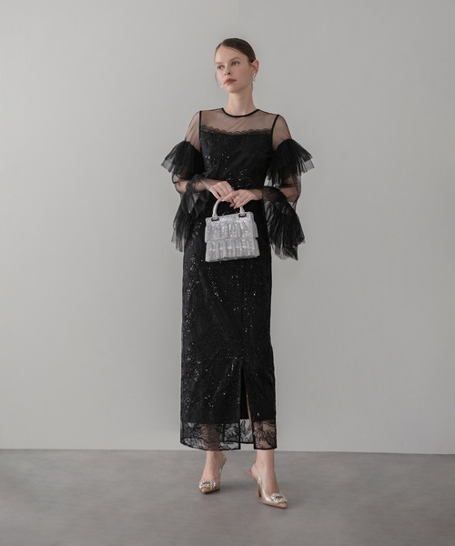 LEJA フリルチュールスリーブレースIラインワンピースドレス Leja（レジャ） ドレス 「LEJA」フリルチュールスリーブレースIライン