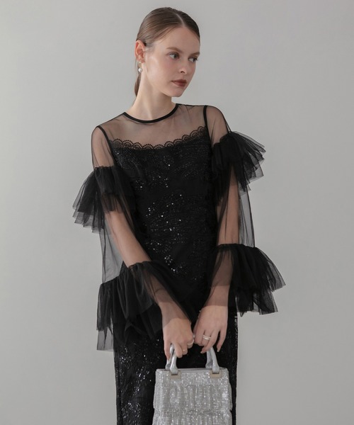 LEJA フリルチュールスリーブレースIラインワンピースドレス Leja（レジャ） ドレス 「LEJA」フリルチュールスリーブレースIライン