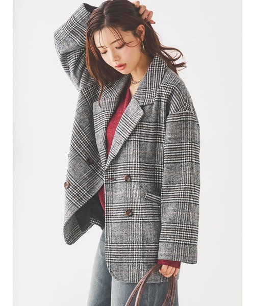 レジィーナロマンティコ　チェック柄テーラードジャケット グレー ピンク ROPÉ PICNIC(ロペピクニック) / グレンチェックダブルテーラード