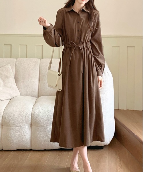 FINEnough ワンピース コーデュロイウエストベルトシャツ衿ワンピース
