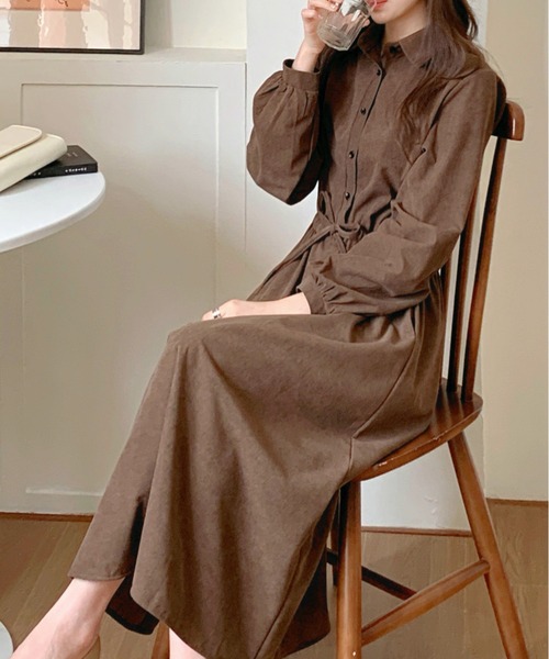 FINEnough ワンピース コーデュロイウエストベルトシャツ衿ワンピース