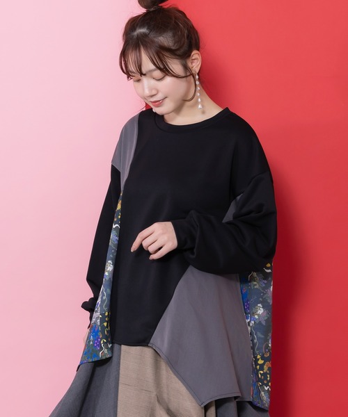 iS ScoLar（イズスカラー） tシャツ 553265：花蝶柄×無地リメイク風 異