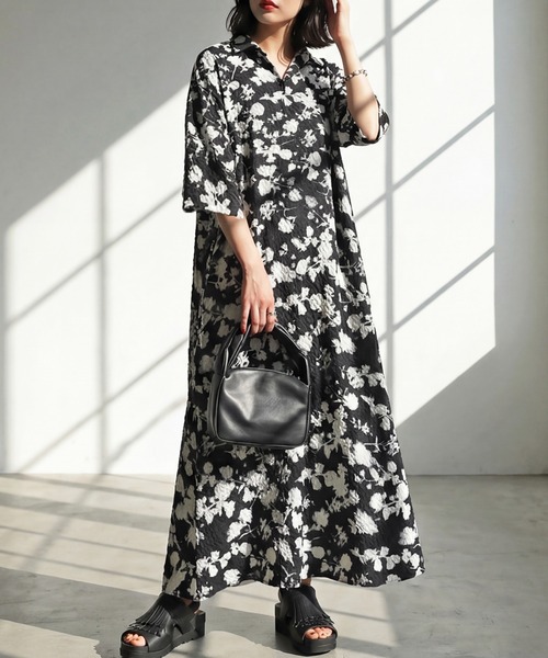 antiqua（アンティカ） シャツワンピース 半袖 花柄 ロング シャツ