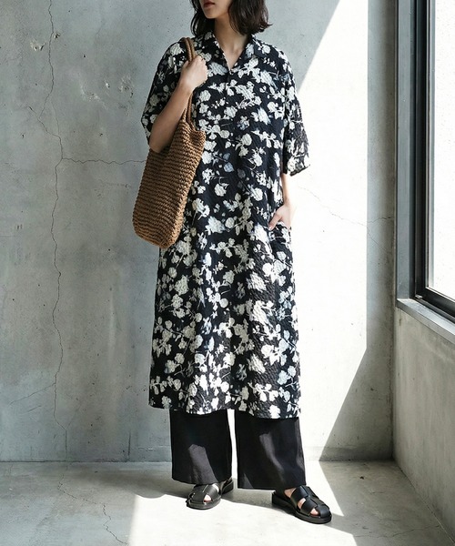 antiqua（アンティカ） シャツワンピース 半袖 花柄 ロング シャツ