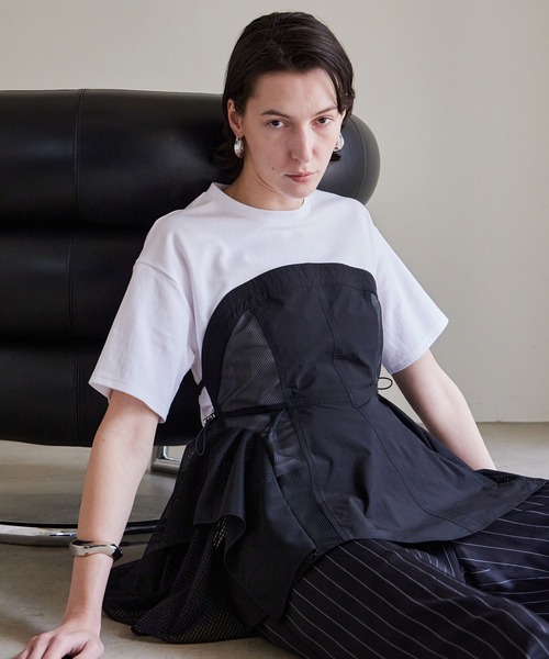 メゾンスペシャル異素材ドッキング Tシャツ ブラック ホワイト MAISON SPECIAL（メゾンスペシャル） tシャツ 半袖 Mesh Docking T