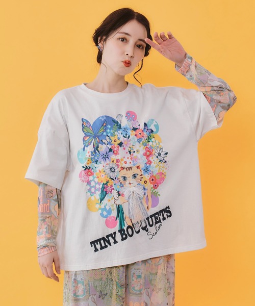 ScoLar（スカラー） tシャツ 162675：レースリボン付き 花ネコ柄T