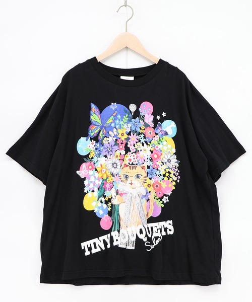 チャコット　レースTシャツ　花柄　黒 ScoLar（スカラー） tシャツ 162675：レースリボン付き 花ネコ柄T