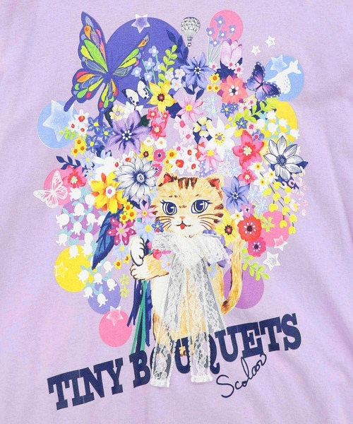 ScoLar（スカラー） tシャツ 162675：レースリボン付き 花ネコ柄T