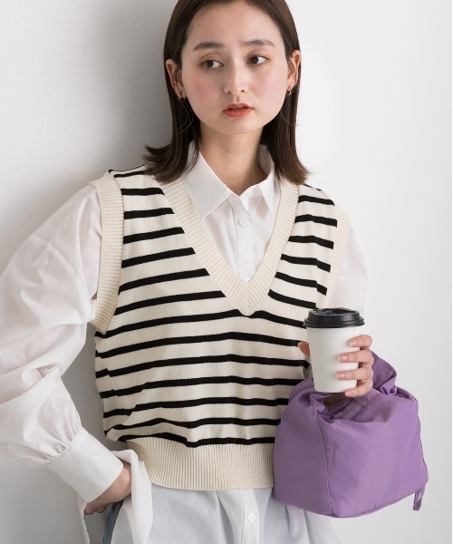 ad thie（アドティエ） ベスト ジレ Vネック・ショート丈 ボーダー