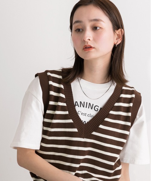 ad thie ベスト ジレ Vネック・ショート丈 ボーダーニットベスト