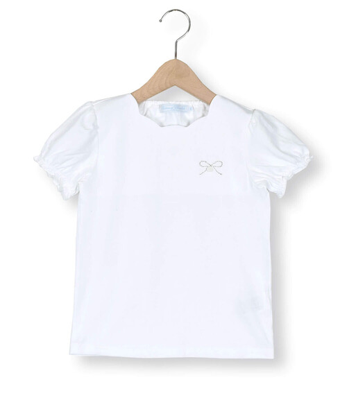tシャツ Tシャツ ラインストーンリボンxスカラップ襟半袖Tシャツ(90 