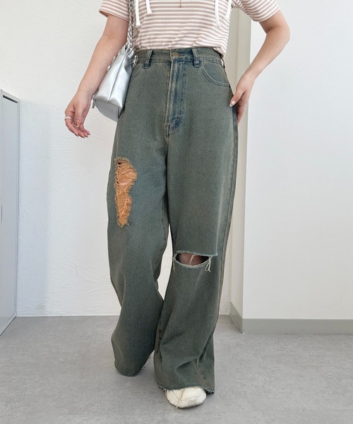 レディース オーバーダイ デニム パンツ apres jour（アプレジュール） ワイドパンツ ジーンズ デニム デニム