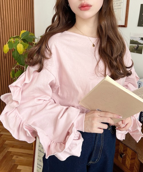 【美品】ENFOLD ソフト天竺 デコラティブ Tシャツ フリル M □美品【】エンフォルドソフト天竺デコラティブTシャツ フリルM