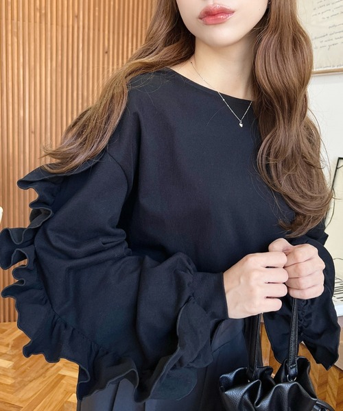 moment+ tシャツ 綿100%天竺. ボリュームフリルスリーブロングTシャツ