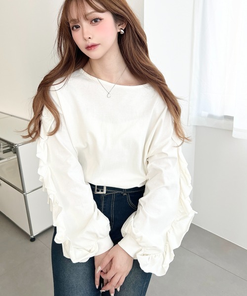 moment+ tシャツ 綿100%天竺. ボリュームフリルスリーブロングTシャツ