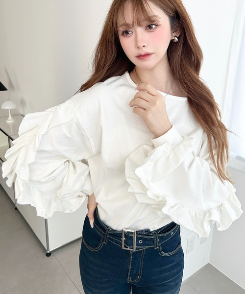 moment+ tシャツ 綿100%天竺. ボリュームフリルスリーブロングTシャツ