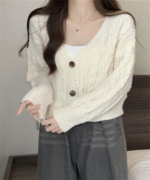 FREE STYLISTS カーディガン 短丈ケーブルニットカーディガン
